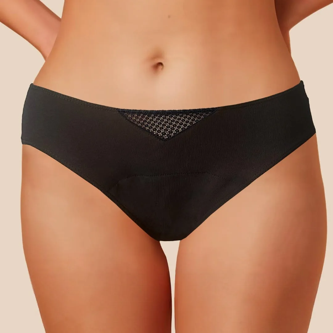 culotte menstruelle avec un triangle de dentelle sur le devant pour toutes les pertes quotidiennes : pertes blanches, post-partum, fuites urinaires...